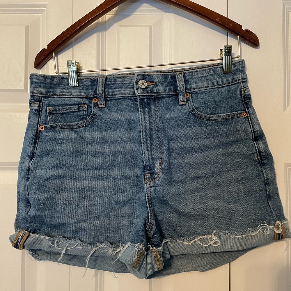American Eagle Outfitters Light Blue Frayed Cuffed Mom Jean Shorts